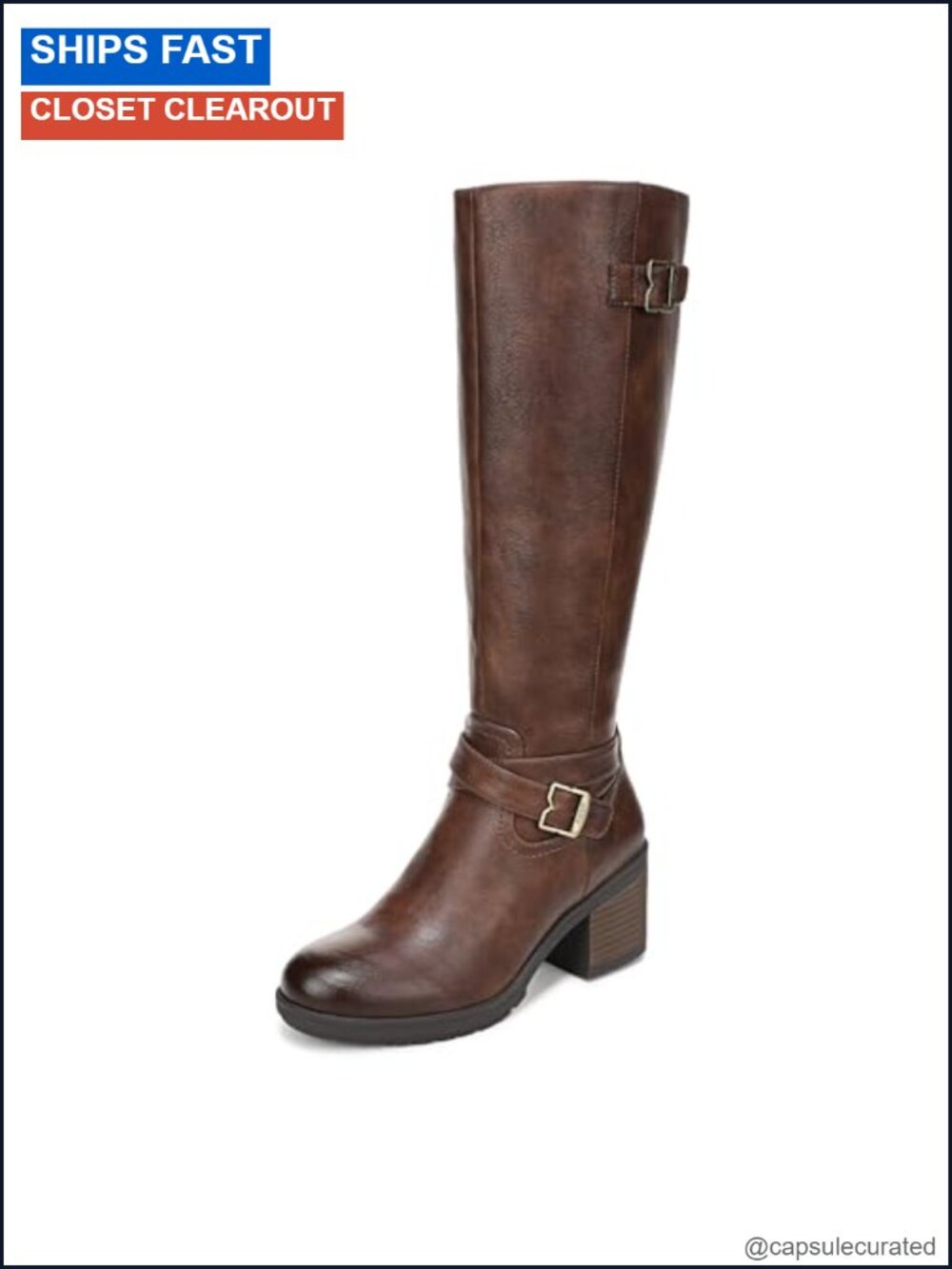 Prairie Zip Tall Boots Round Toe Block Heel Faux Leather Knee High